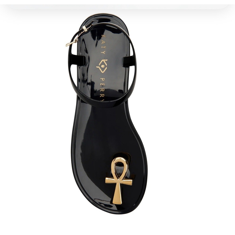 Katy Perry Collections Glossy Black Sandals with Gold Ankh Accent